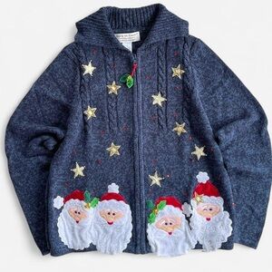 Vintage Carly St. Claire Christmas Collection Blue Knit Zippered Santa Claus